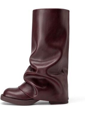 Women's Burgundy Fold Over Wide Calf Chunky Platform Low Heel Square Toe Boots